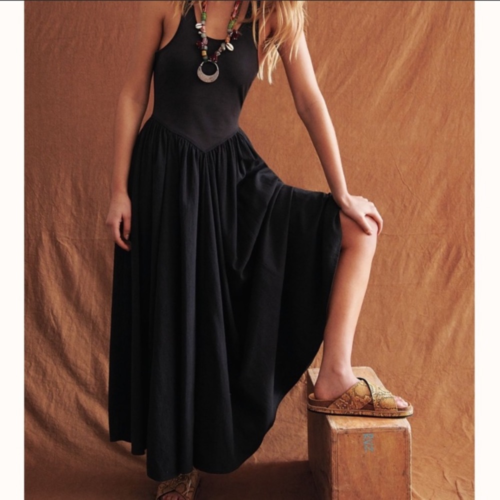 Free People Black Midi Dress with Scoop Neck - Picture 2 of 15